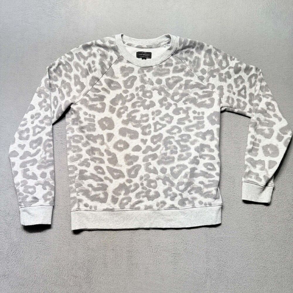 Lucky Brand Womens Medium Sweatshirt Gray Leopard Print Crewneck Pullover Casual